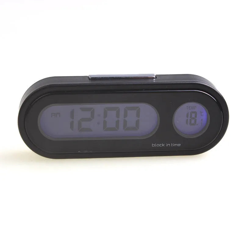 Black electronic car dashboard clock and thermometer with adjustable bracket on display