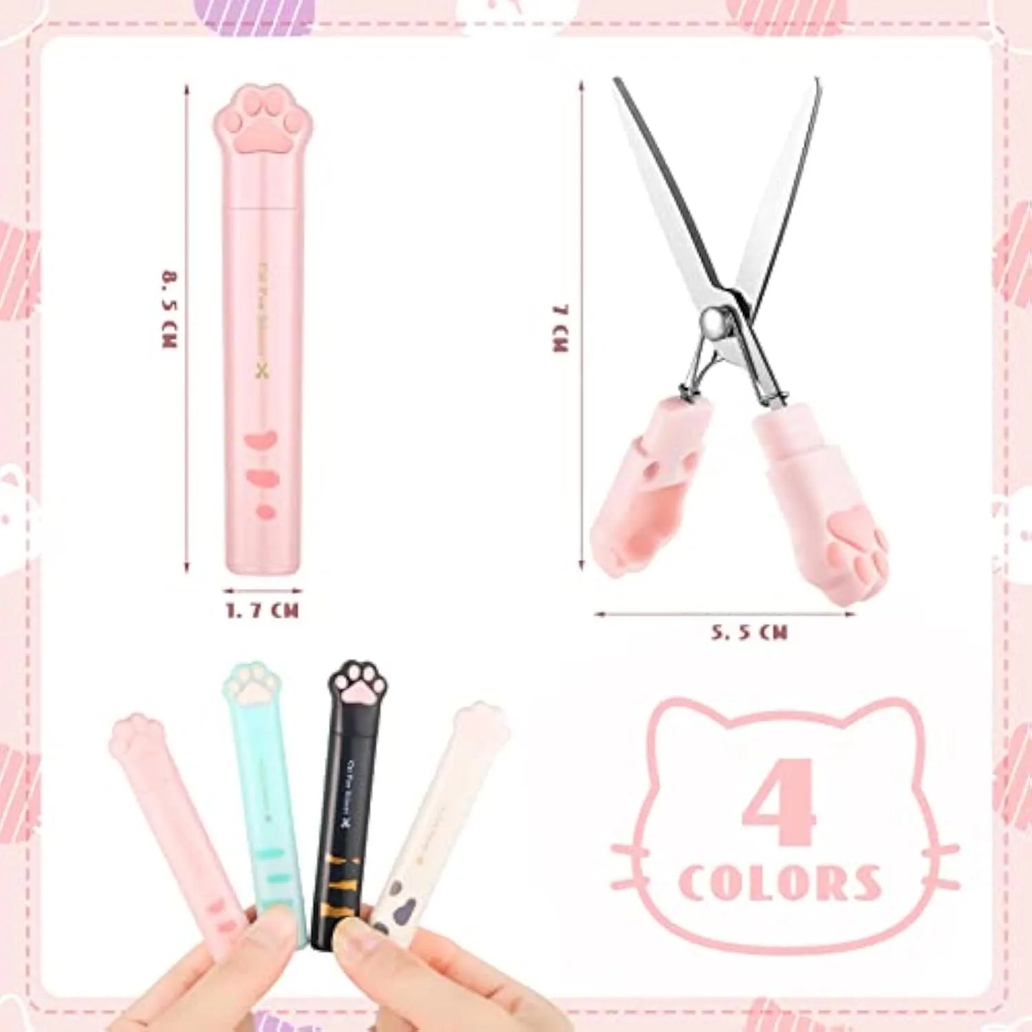 Cat paw design mini folding safety scissors in four colour options showing compact 8.7cm size