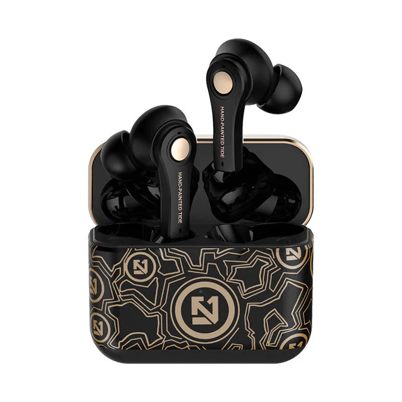 Black and white wireless Bluetooth headset with head-mounted design showing ear cups.