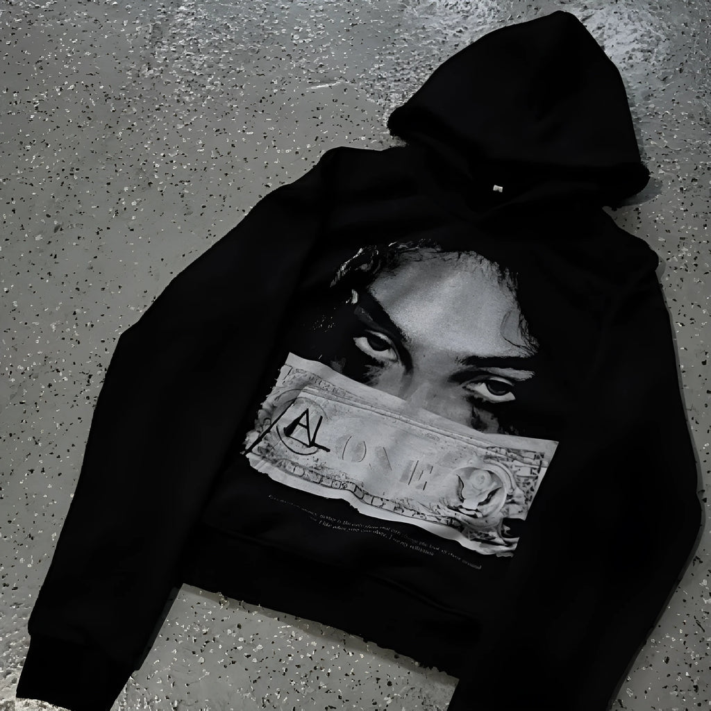 Black women's hooded sweater with cartoon pattern printing in loose fit