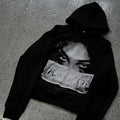 Black women's hooded sweater with cartoon pattern printing in loose fit