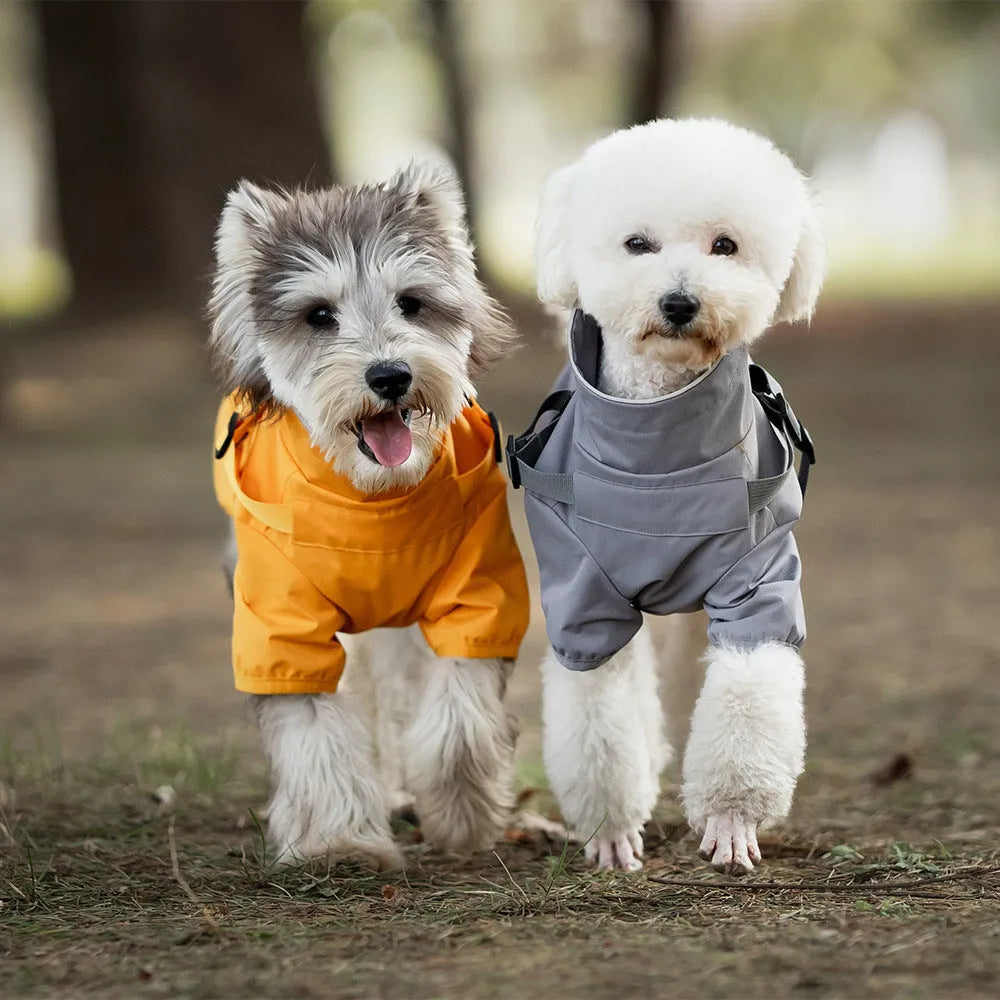 Waterproof dog raincoat in camouflage colour with two leg openings for chest and back coverage, polyester material, casual style