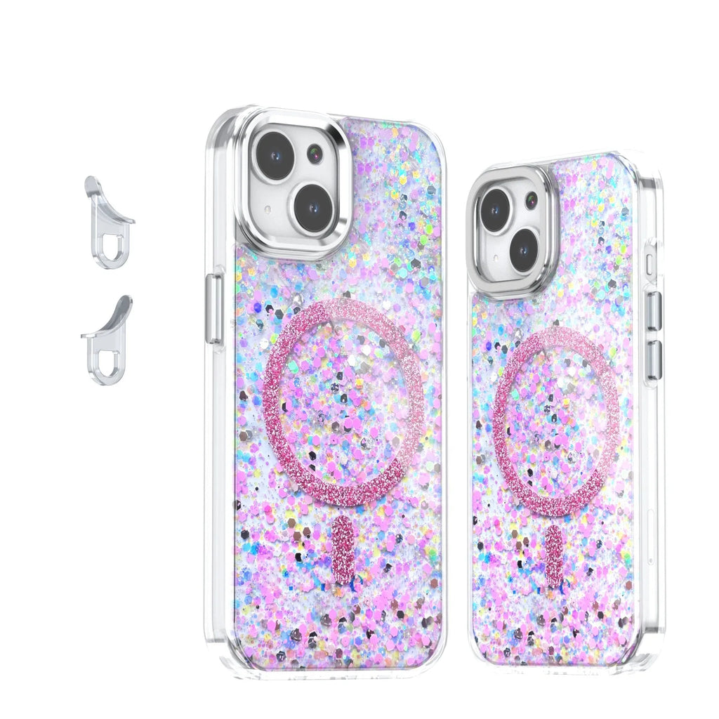 Creative glitter sequins epoxy magnetic phone case for iPhone, transparent back, TPU, available in multiple colours compatible with IP12 to IP16 series