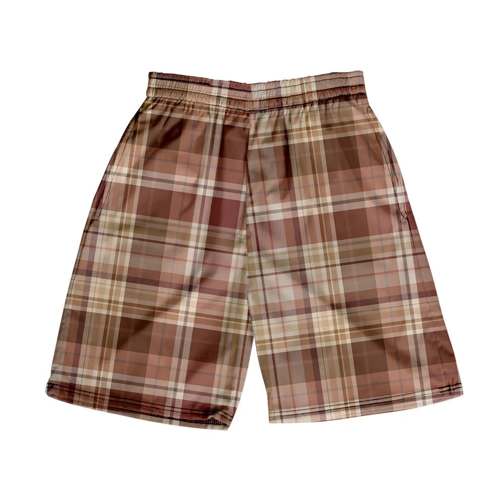 Men's plaid polyester shorts with elastic waistband in straight-leg casual style
