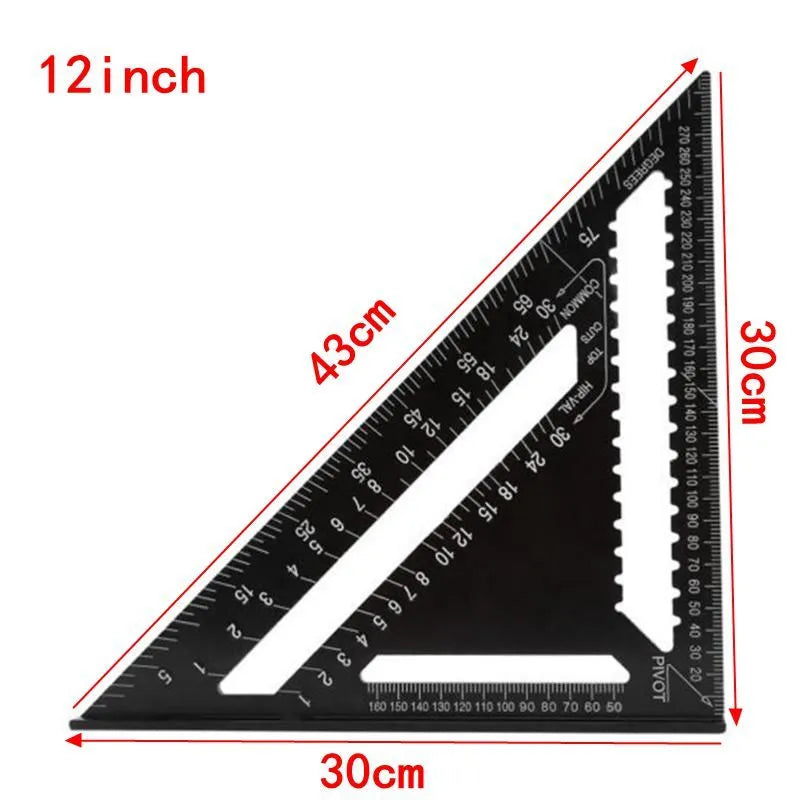Black aluminium alloy triangle square ruler showing 90-degree and 45-degree angles with metric graduations