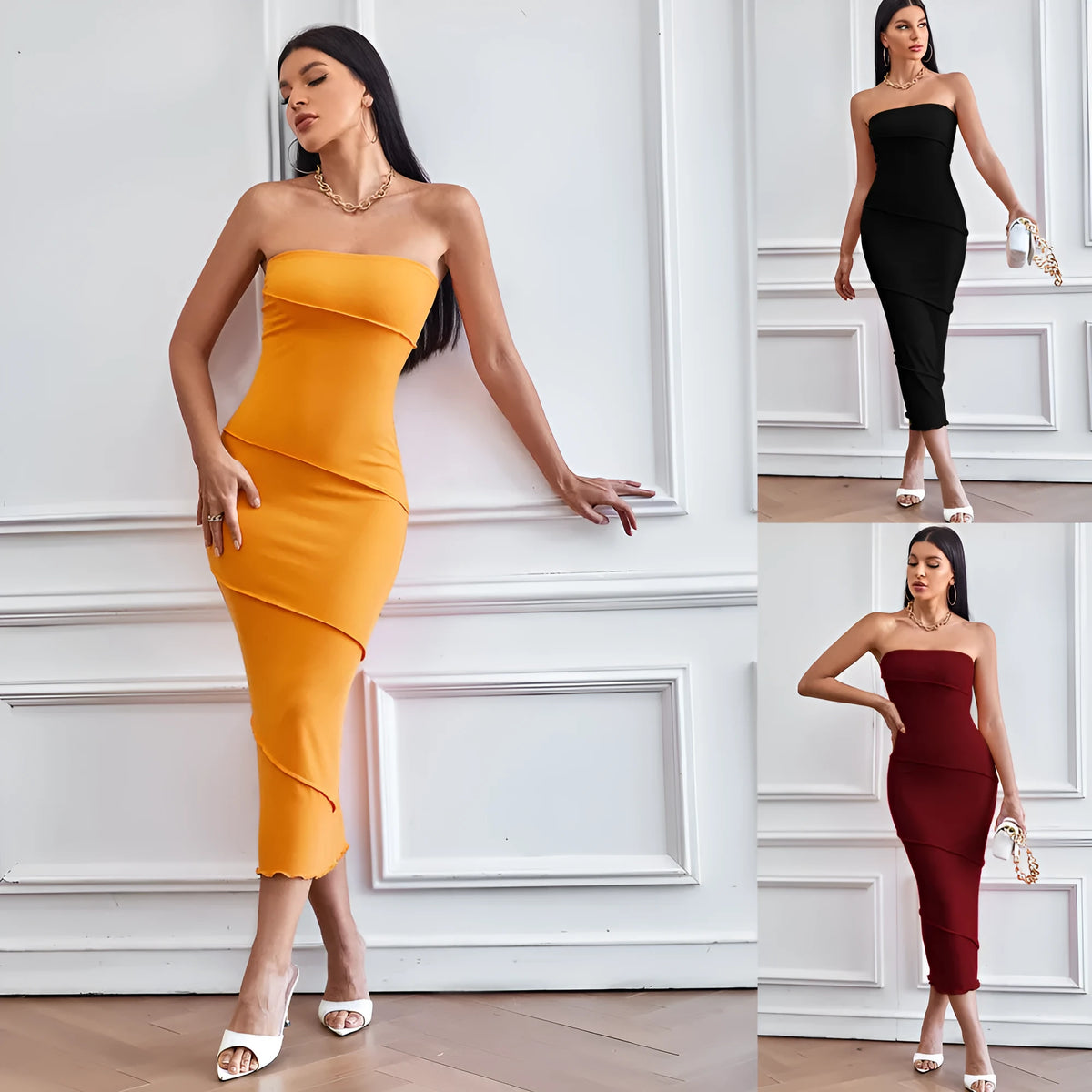 Sexy strapless solid colour bodycon beach dress with A-line skirt in black orange wine red