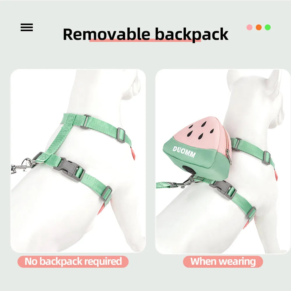 Pet backpack chest strap set with fruit design and anti-slip traction rope for dogs and cats