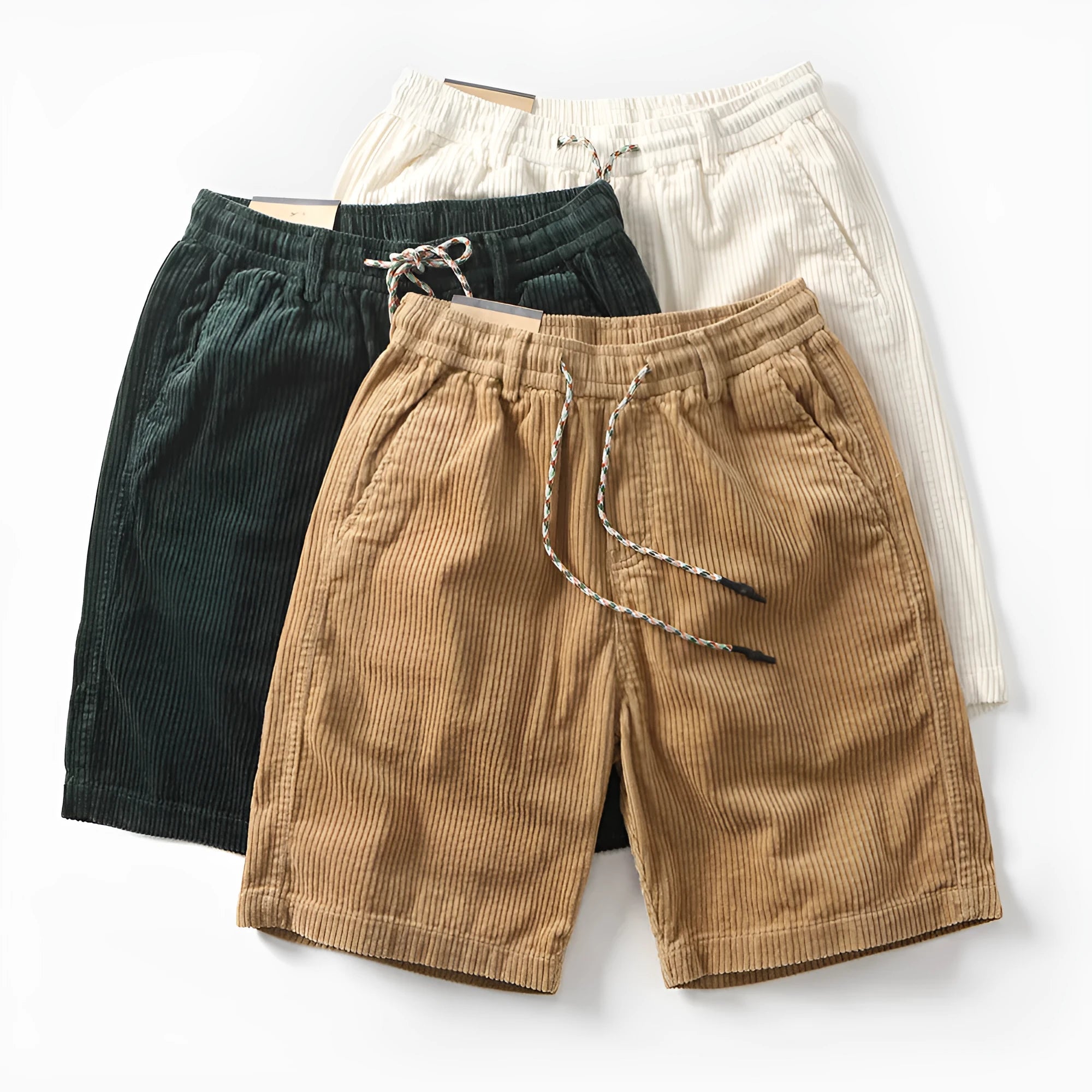 Men's retro American-style cargo shorts in khaki, white, or green polyester fabric