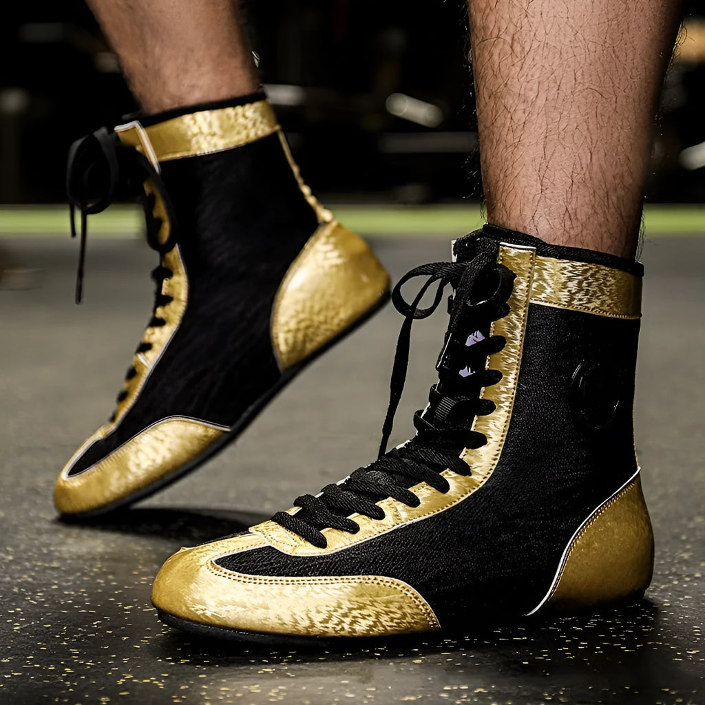 Black gold mesh and white leather professional boxing shoes with non-slip sole for wrestling training