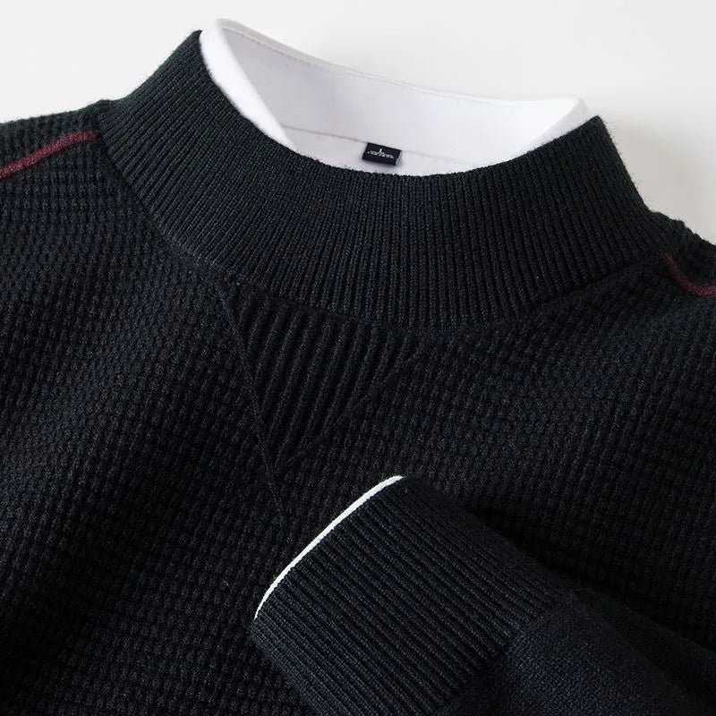 Men's wavy patterned stand collar pullover sweater in polo cotton with lining, available in multiple colours and sizes
