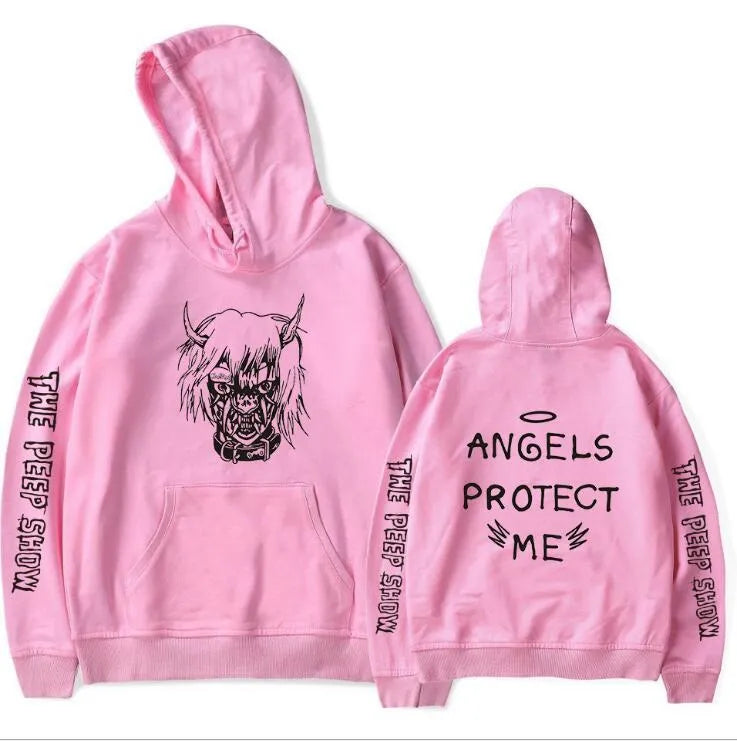 Angel And Devil cartoon print hoodie for men, hip hop style, black hooded sweatshirt with full sleeves