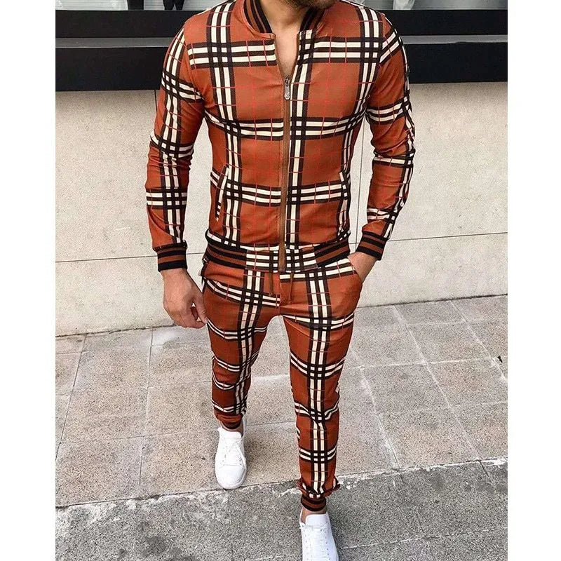Men's grid patchwork two-piece zipper tracksuit set in blue with stand-up collar and small leg trousers