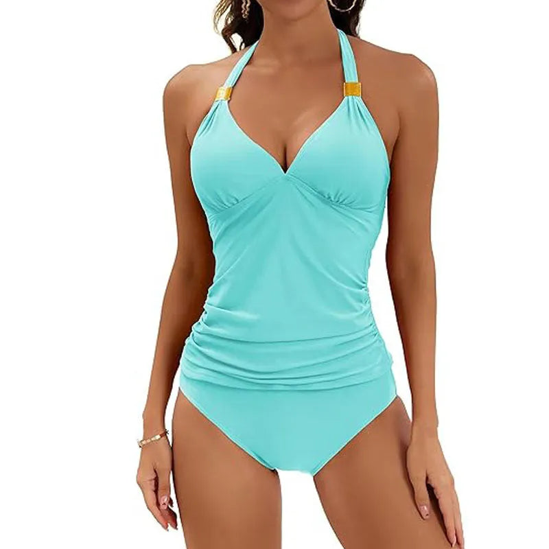 Women's red halter neck two-piece swimsuit with split-tie brief shorts laid flat.
