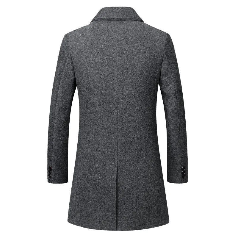 Men's long woolen trench coat in navy, black or grey with size chart from M to 5XL showing shoulder, bust, length and sleeve