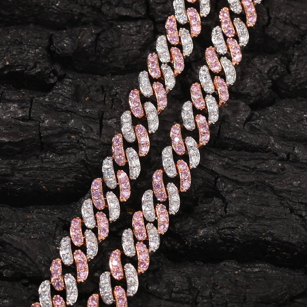 Unisex hip hop colour zirconium Cuban chain necklace in copper with zircon stones, white and pink, 18 inch length