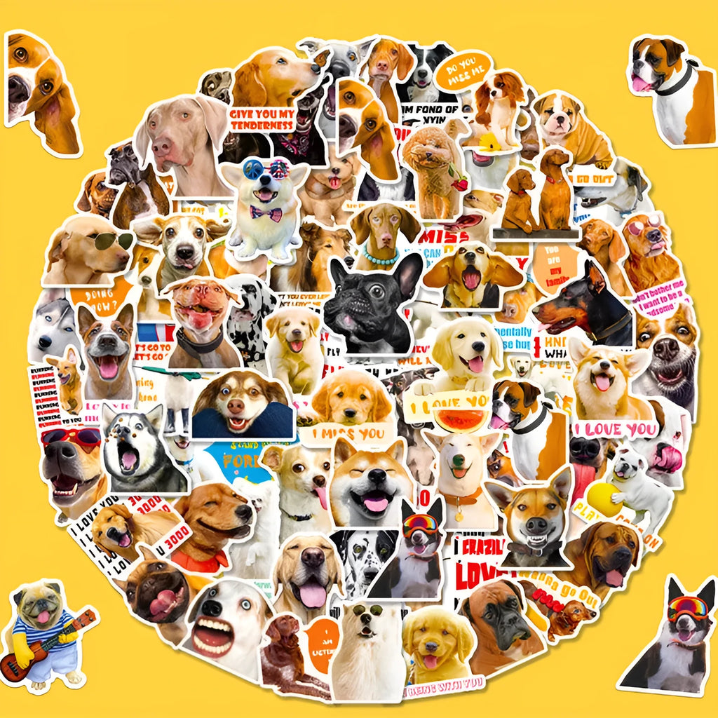 Pack of 100 realistic dog facial expression sticker sheets in Nordic design style.