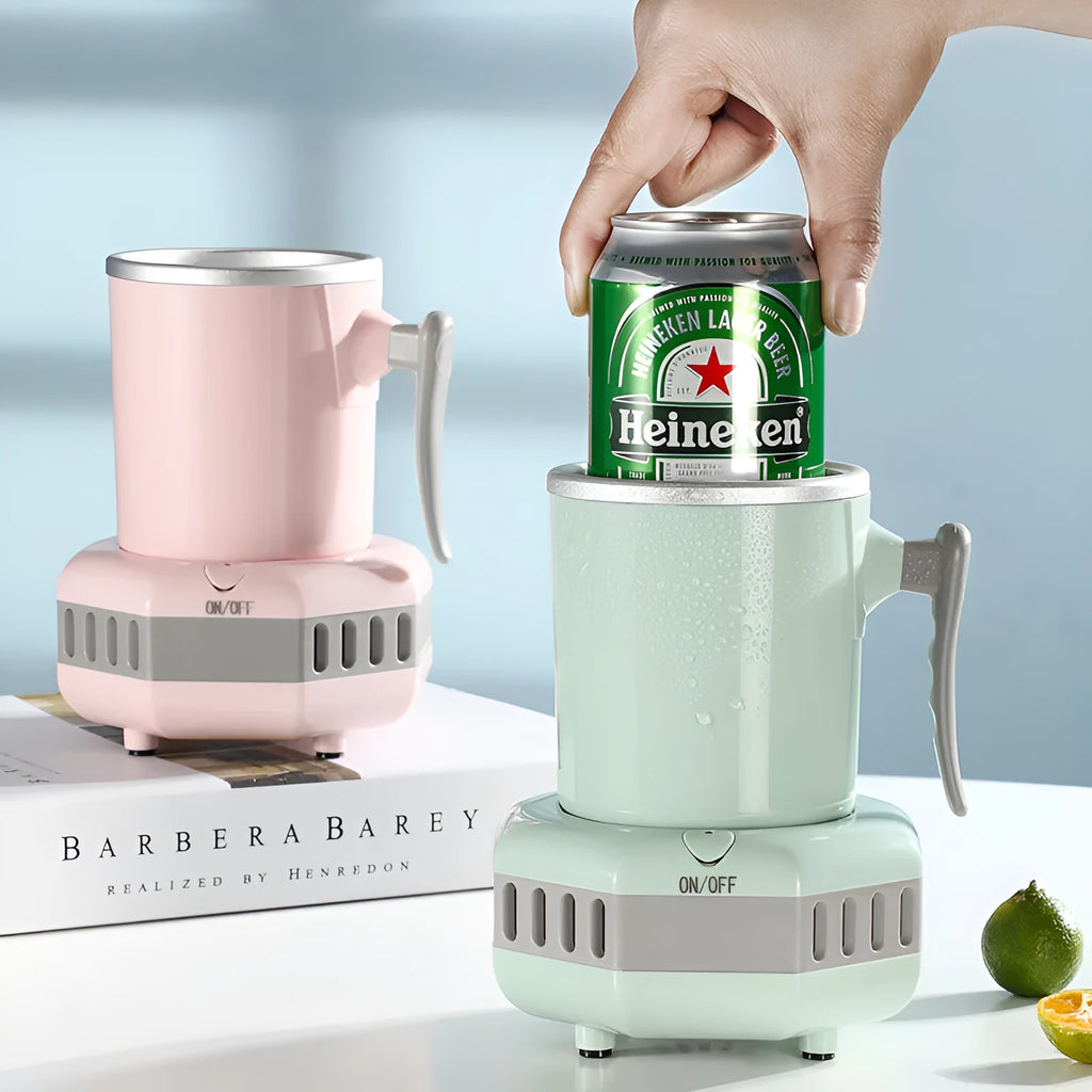 White quick-cooling aluminium cup on its electronic base station with power adapter