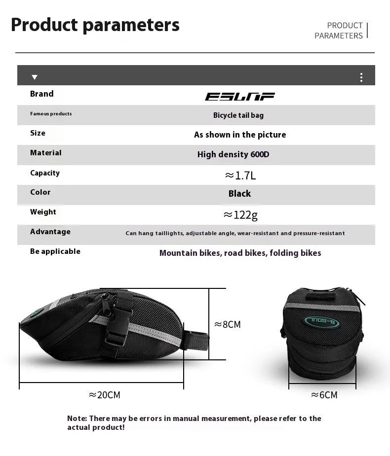 Black cycling tail bag with quick-release mounting for bicycle saddle