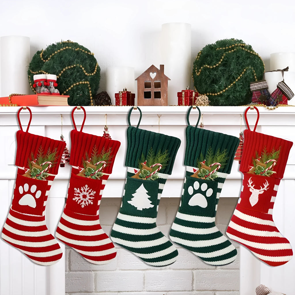Knitted Christmas cat and dog socks gift bag in red dog's paw colour, with festive knit pattern