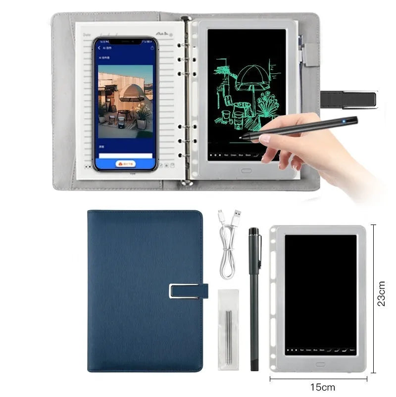 85-inch electronic writing pad with stitching design, smart pen, and USB cable in black, blue, or sky blue.
