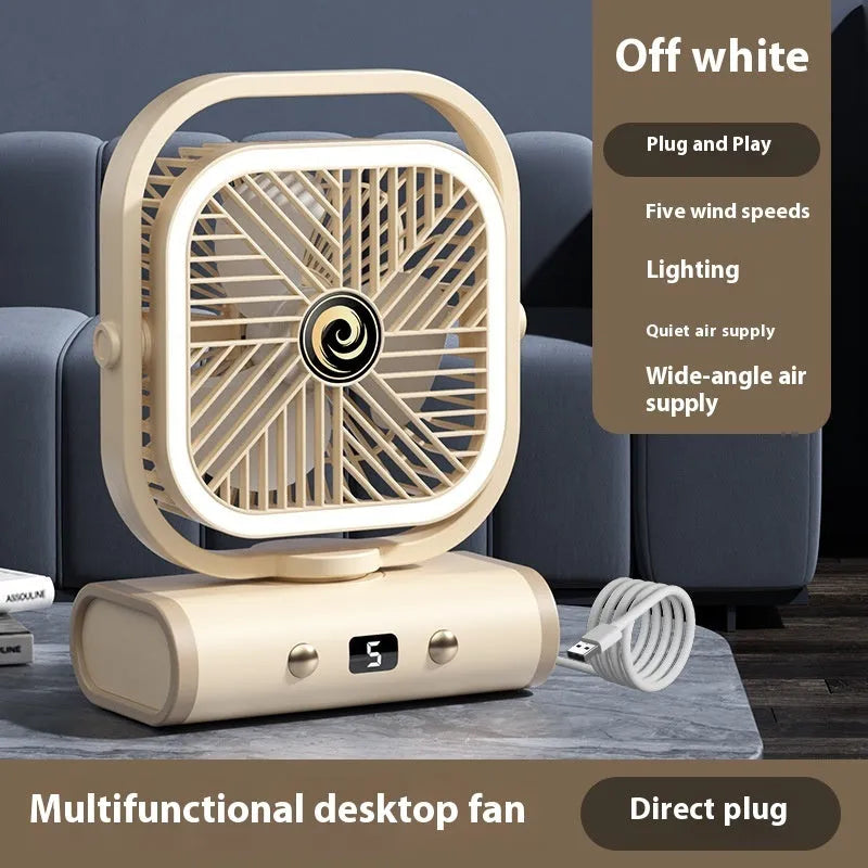 Rechargeable shaking head desktop fan in greyish purple with USB cable, 240x180x96 mm size