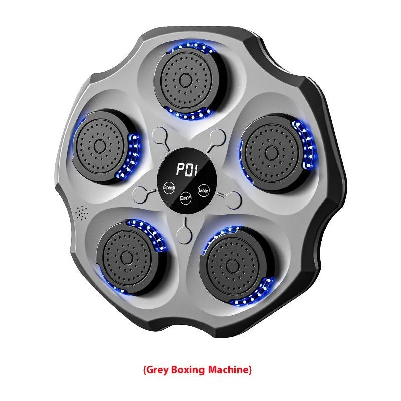 Black Bluetooth music boxing wall target hanging on a wall with gloves.