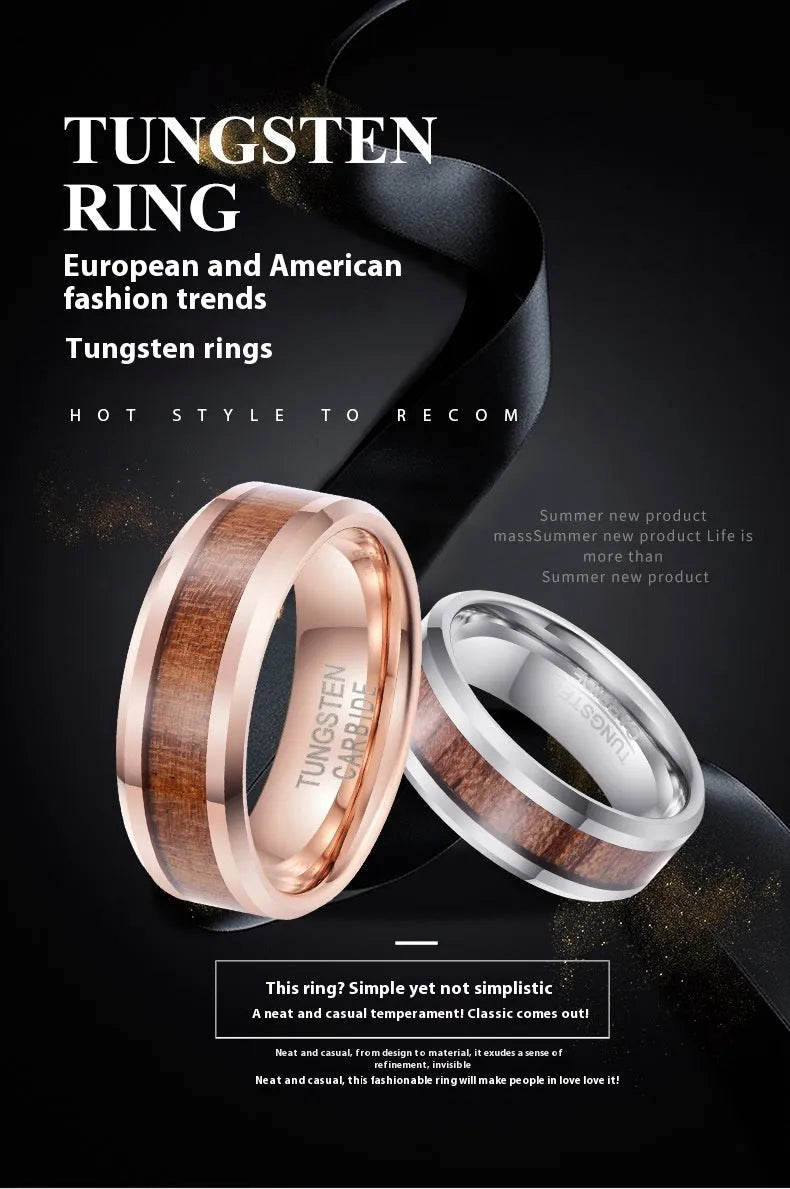 Men's 8mm Ugyen ring with wood and leather inlay in rose gold plating
