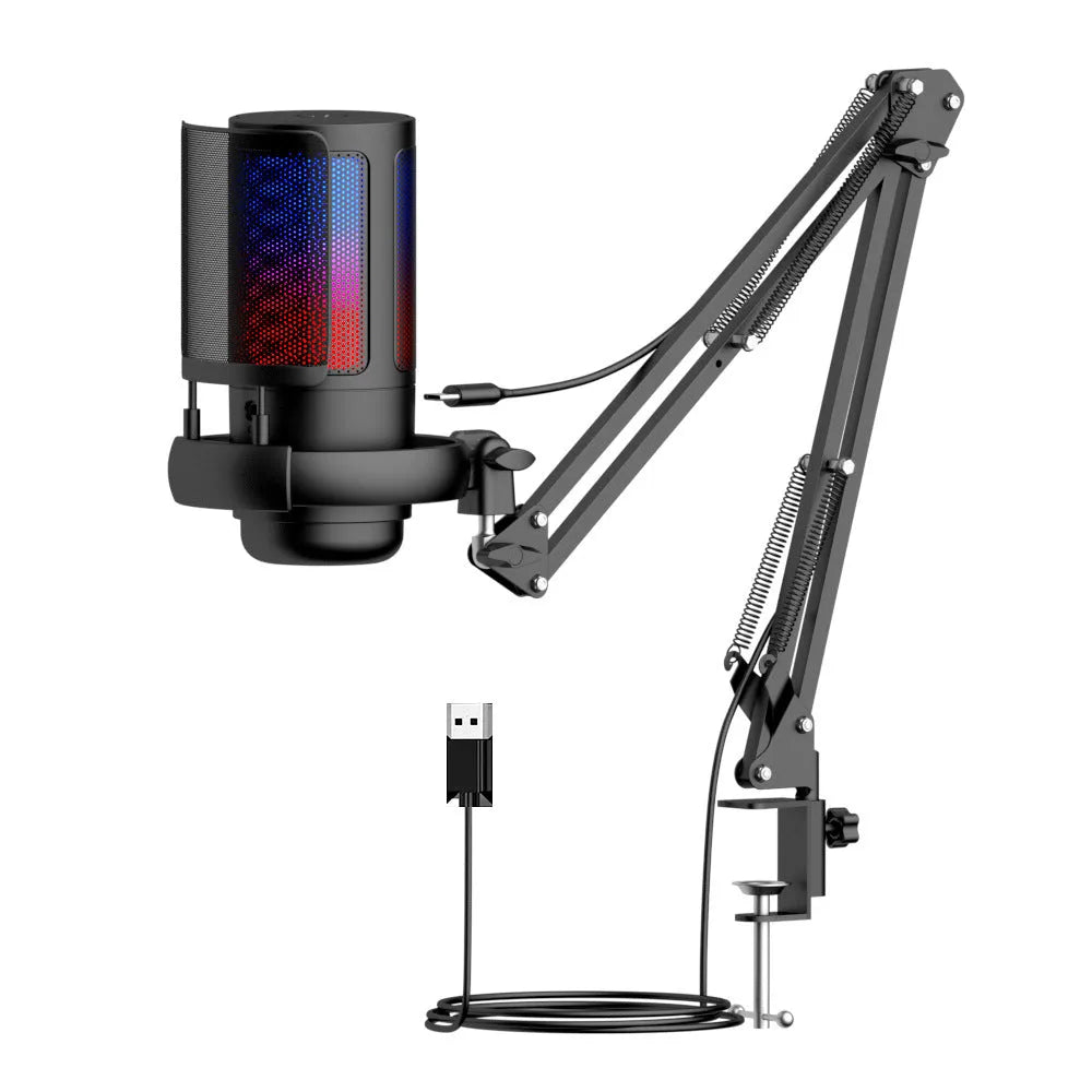USB condenser microphone with RGB light effects on a black cantilever mounting arm