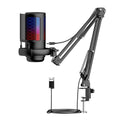 USB condenser microphone with RGB light effects on a black cantilever mounting arm