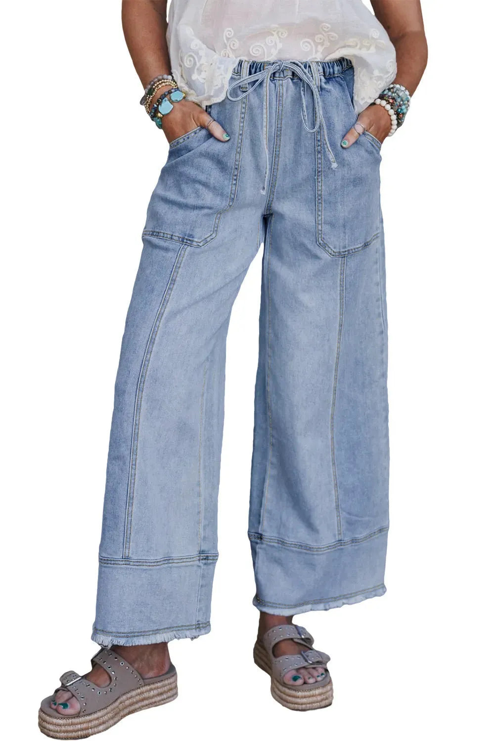 Beau Blue wide leg denim trousers with drawstring waist and raw hem detail