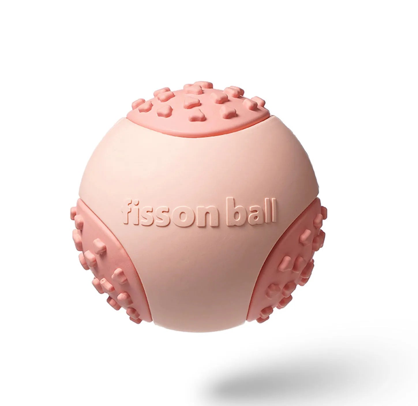 Green and pink rolling ball dog toys showing 64mm diameter measurement