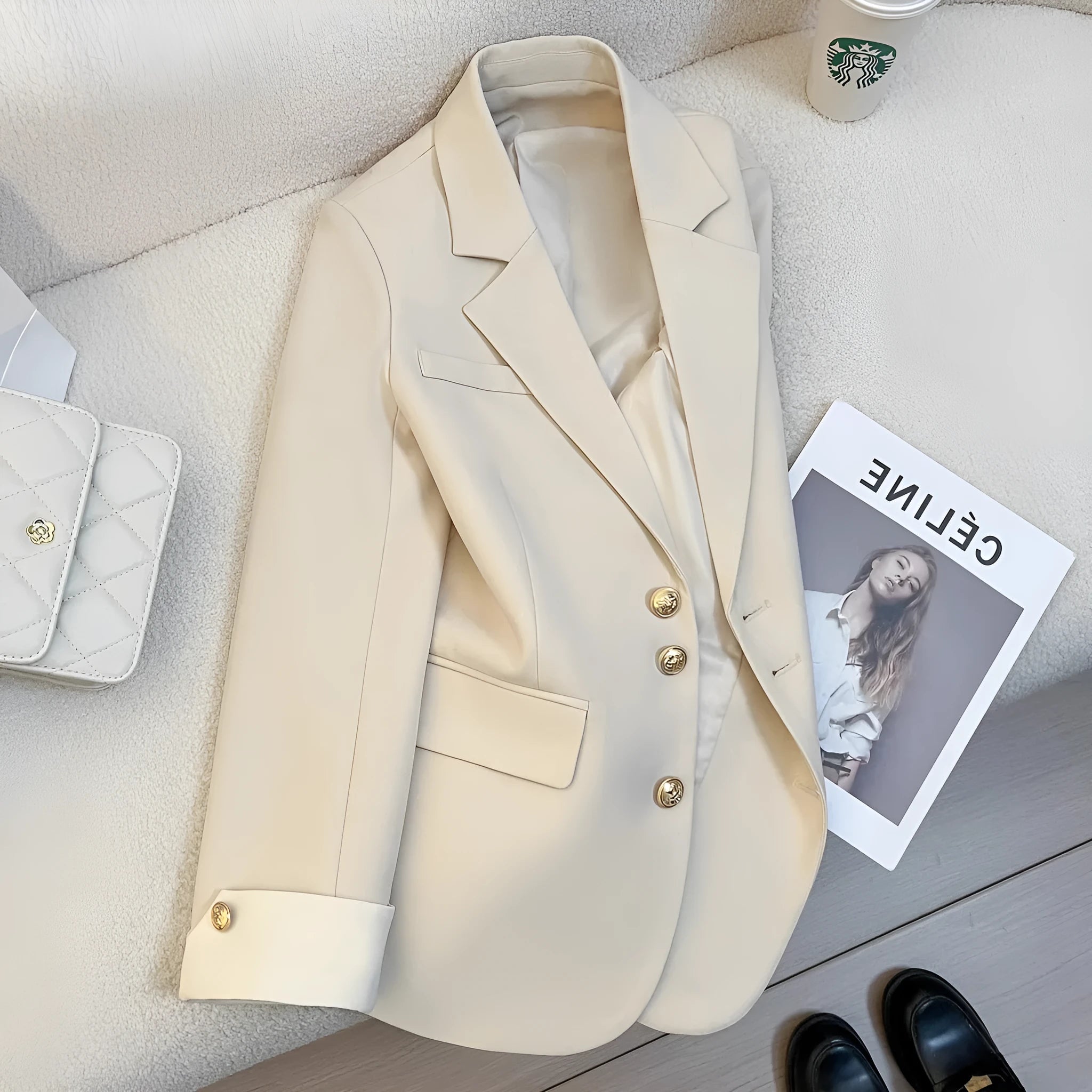 Korean style loose fit women's coat in milky white, showing medium length and pocket details.