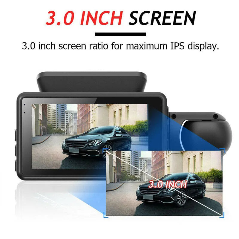 Black 3-inch dual lens car driving recorder with motion detection and WiFi