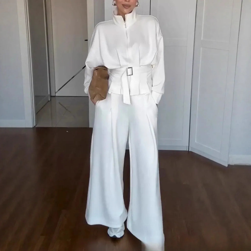 Women's polyester jacket and pants suit with belt, drop-shoulder sleeves, three-dimensional cutting