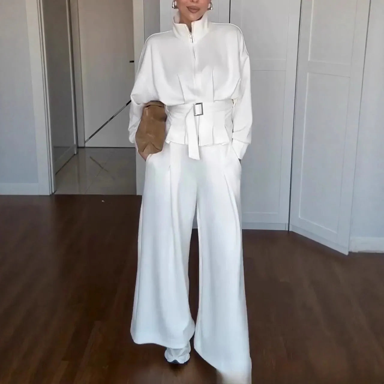 Women's polyester jacket and pants suit with belt, drop-shoulder sleeves, three-dimensional cutting