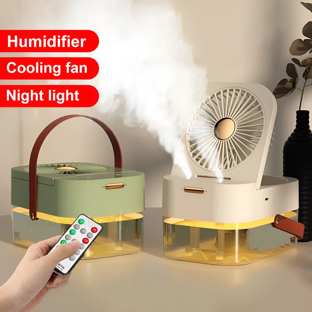 Pearl white desktop humidifier cooling fan with water tank, remote control, and night light on a wooden desk.