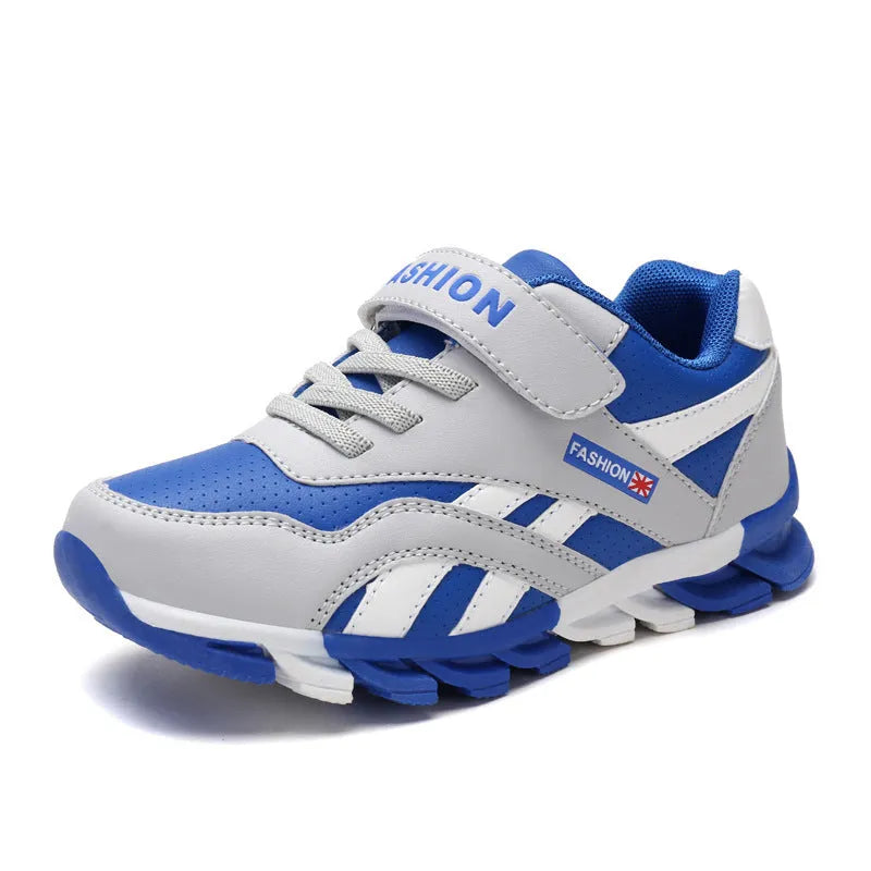 Children's cotton magic sports running shoes with Velcro fastening in grey leather surface