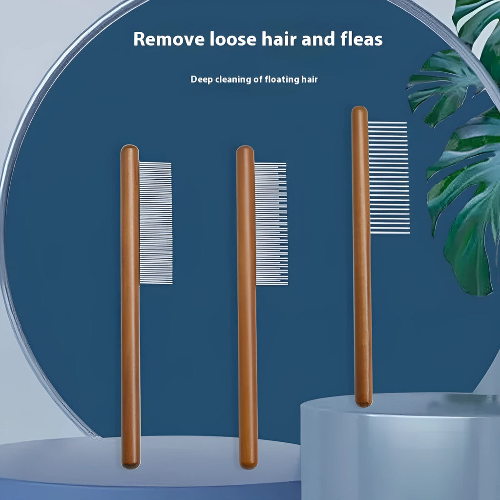 Stainless steel dense tooth flea comb for dogs and cats on a white background