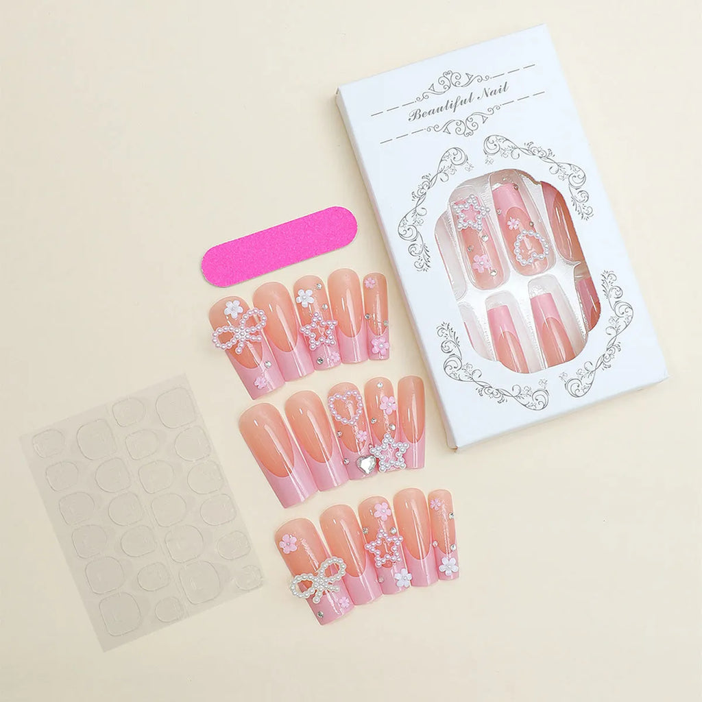 Wearable false nails with love pattern and French spot drill bows in XB-70-48 colour on a plastic armour suit.