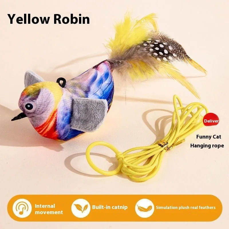 Cat toy simulation bird hanging door teaser plush bird in green white eyebrows colour