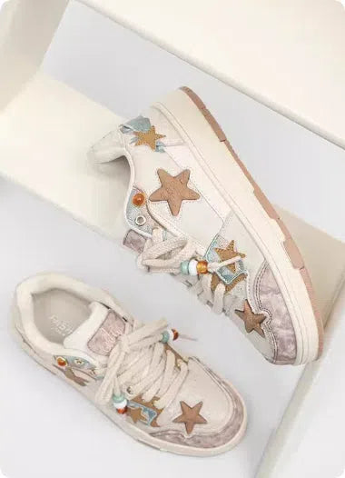 High-end platform sneakers with star pattern for couples in pink, lace-up closure, fabric upper