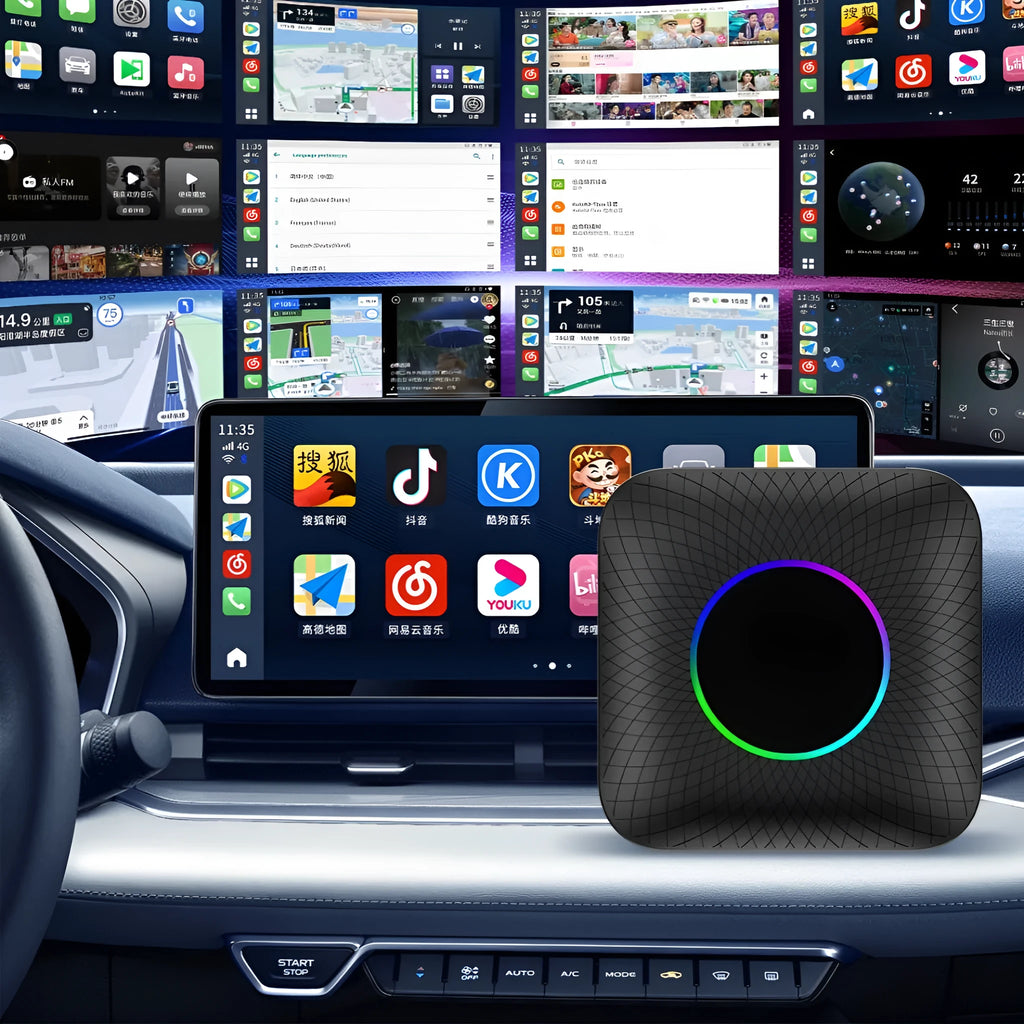 Tbox-Led Wireless CarPlay adapter with Android 13 system showing compact dimensions and connection ports