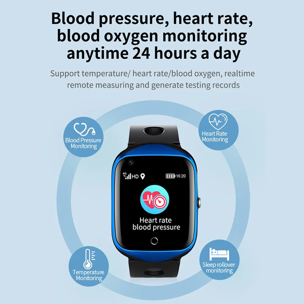 Black elderly safety smartwatch with square screen and silicone strap showing GPS and SOS functions.