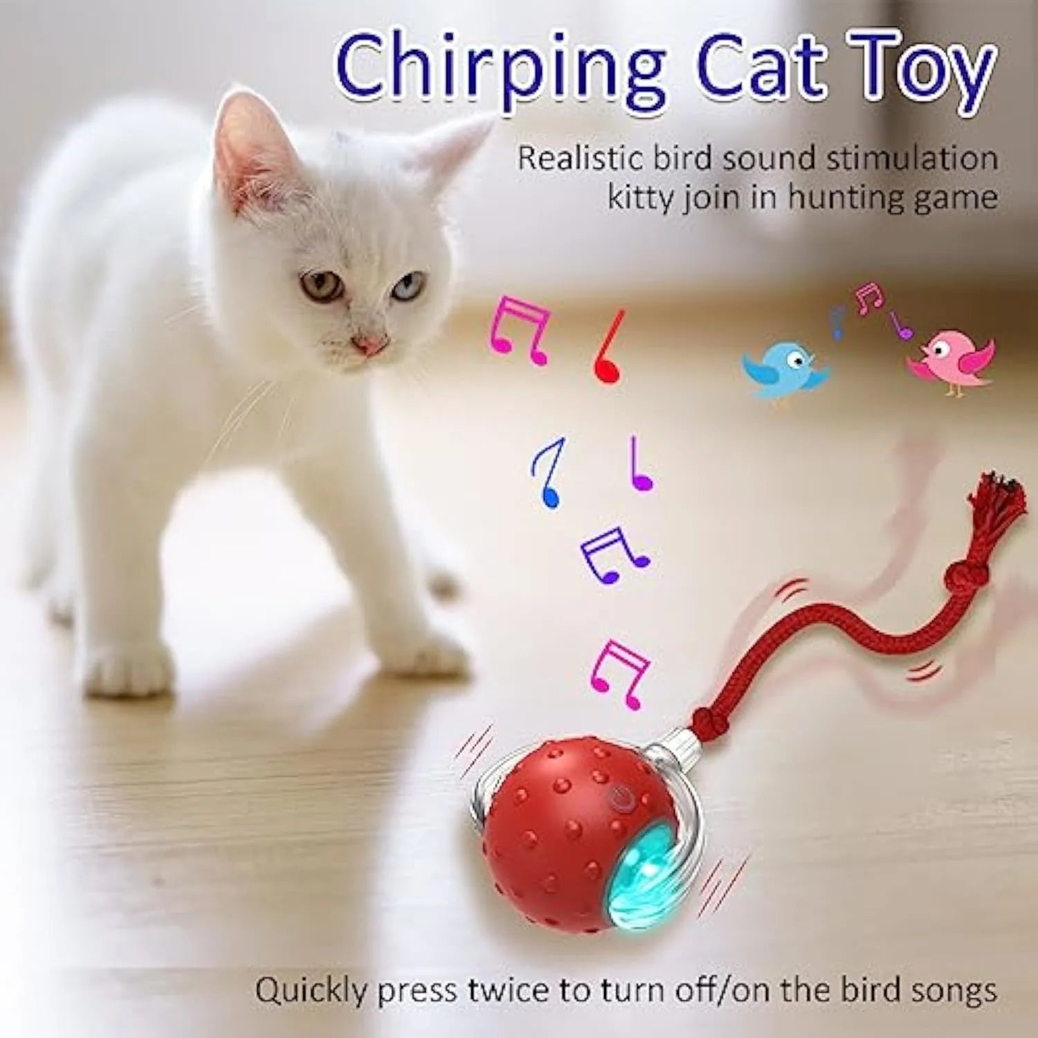 Red motion-activated chirping cat toy rolling on carpet with fast action