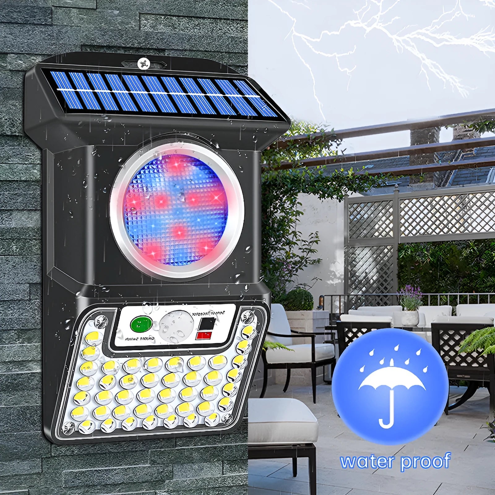 Outdoor solar LED wall light with 59 bulbs, motion sensor and remote control mounted on a brick wall