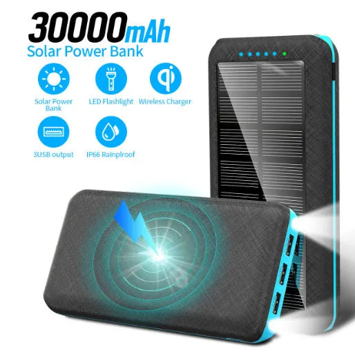 Wireless power bank with Qi charging showing three USB ports and LED flashlight in black-blue colour