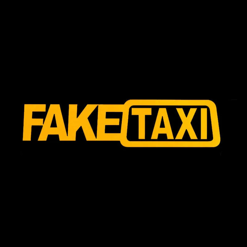 Waterproof black FAKE TAXI car warning sticker measuring 20 by 8 centimetres.