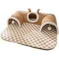 Grey plaid crystal fleece cat tunnel bed with two hanging balls, curved tunnel door, and slip-resistant bottom, for indoor use
