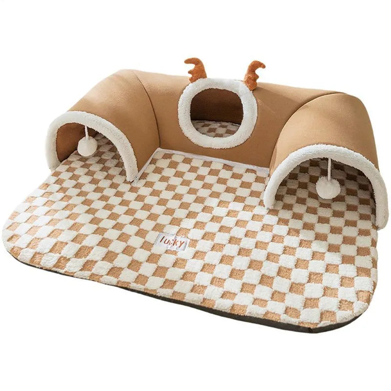 Grey plaid crystal fleece cat tunnel bed with two hanging balls, curved tunnel door, and slip-resistant bottom, for indoor use