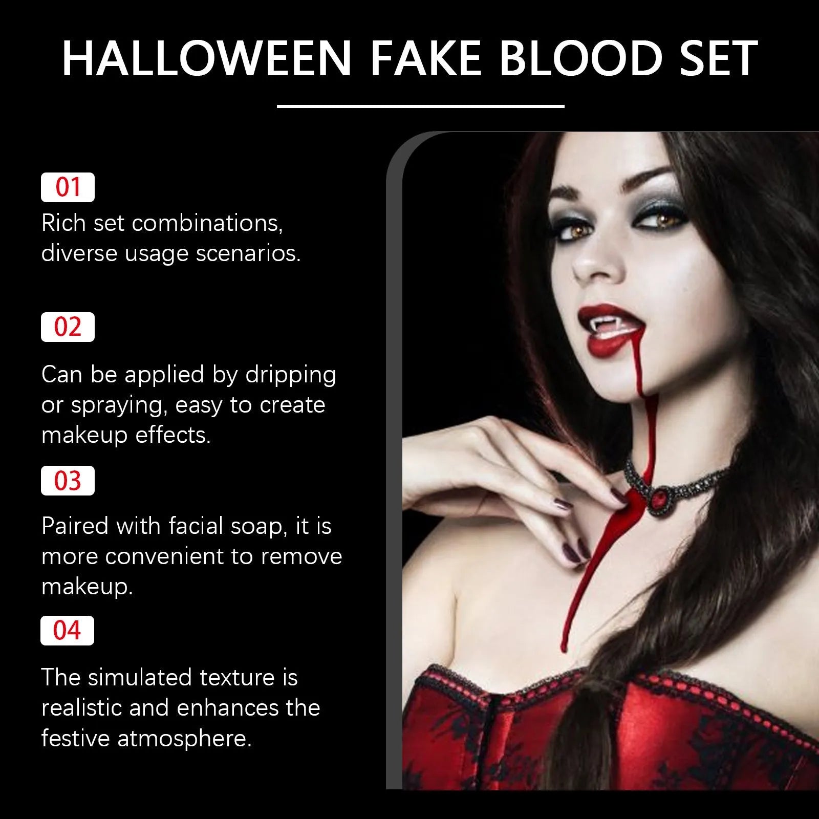 Washable simulation fake blood special effects makeup 3-piece set with bottles and soap.